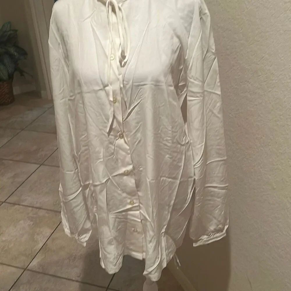 Fendi Italy 100% Silk Button Up Top Cream Tie Neck Chic Minimalist Quiet Luxury